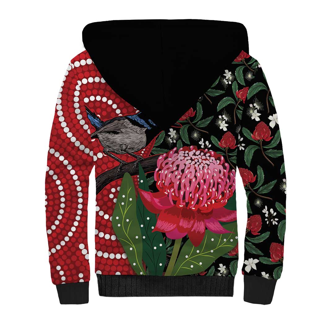 Personalised Australia Waratah And Superb Fairywren Sherpa Hoodie Aboriginal Art