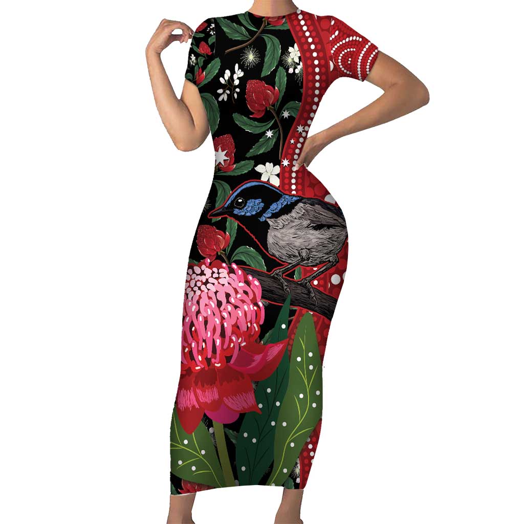 Personalised Australia Waratah And Superb Fairywren Short Sleeve Bodycon Dress Aboriginal Art
