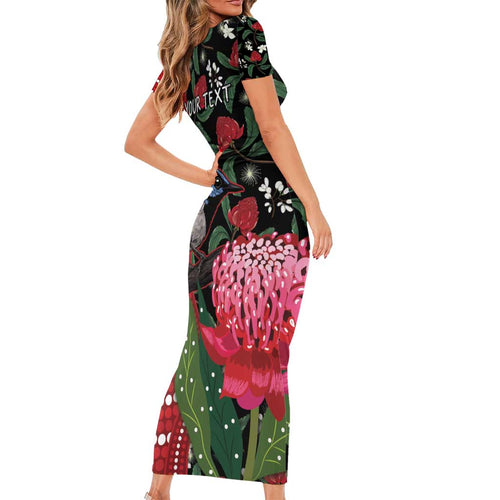Personalised Australia Waratah And Superb Fairywren Short Sleeve Bodycon Dress Aboriginal Art
