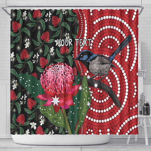 Personalised Australia Waratah And Superb Fairywren Shower Curtain Aboriginal Art