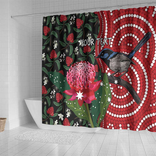 Personalised Australia Waratah And Superb Fairywren Shower Curtain Aboriginal Art