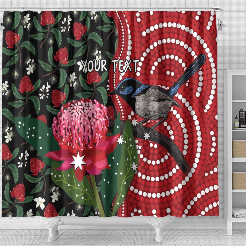 Personalised Australia Waratah And Superb Fairywren Shower Curtain Aboriginal Art