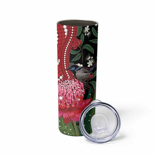 Personalised Australia Waratah With Superb Fairywren Skinny Tumbler Aboriginal Art