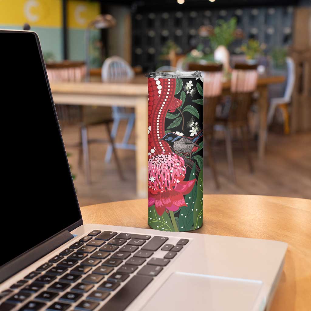 Personalised Australia Waratah With Superb Fairywren Skinny Tumbler Aboriginal Art