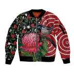 Personalised Australia Waratah And Superb Fairywren Sleeve Zip Bomber Jacket Aboriginal Art
