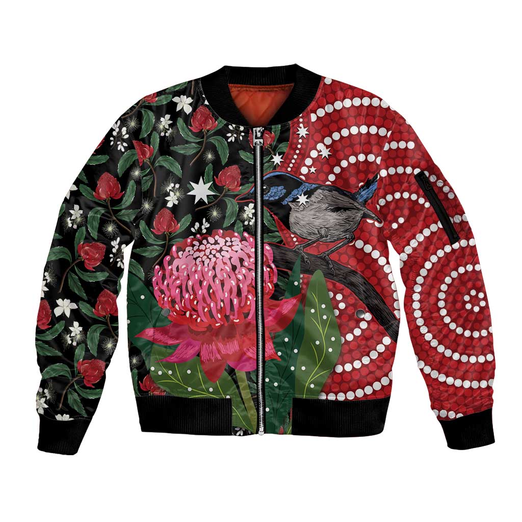 Personalised Australia Waratah And Superb Fairywren Sleeve Zip Bomber Jacket Aboriginal Art