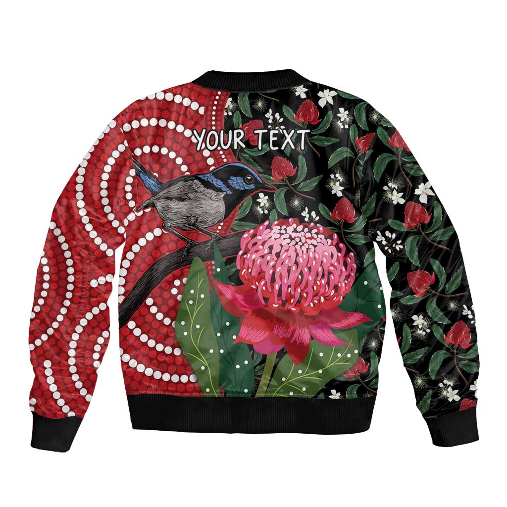 Personalised Australia Waratah And Superb Fairywren Sleeve Zip Bomber Jacket Aboriginal Art