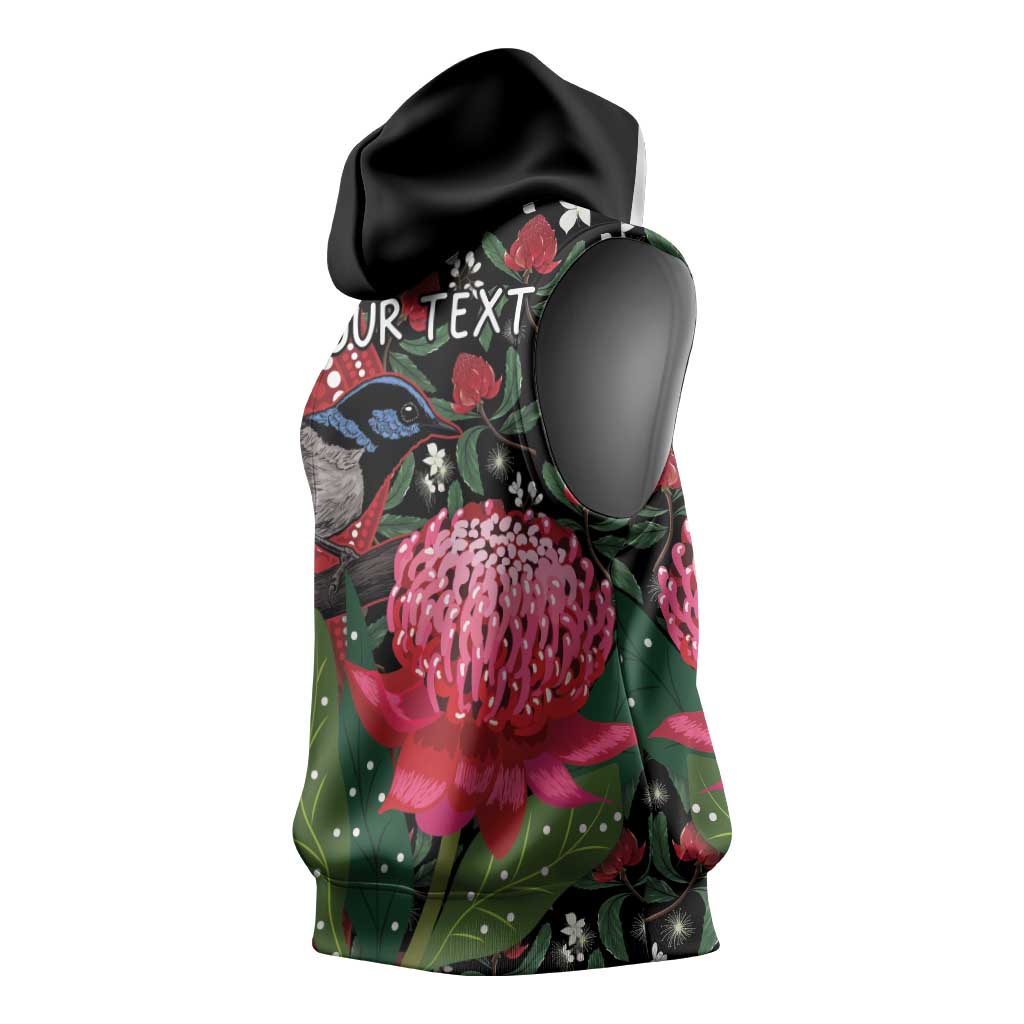 Personalised Australia Waratah And Superb Fairywren Sleeveless Hoodie Aboriginal Art - Aussie Hoodie