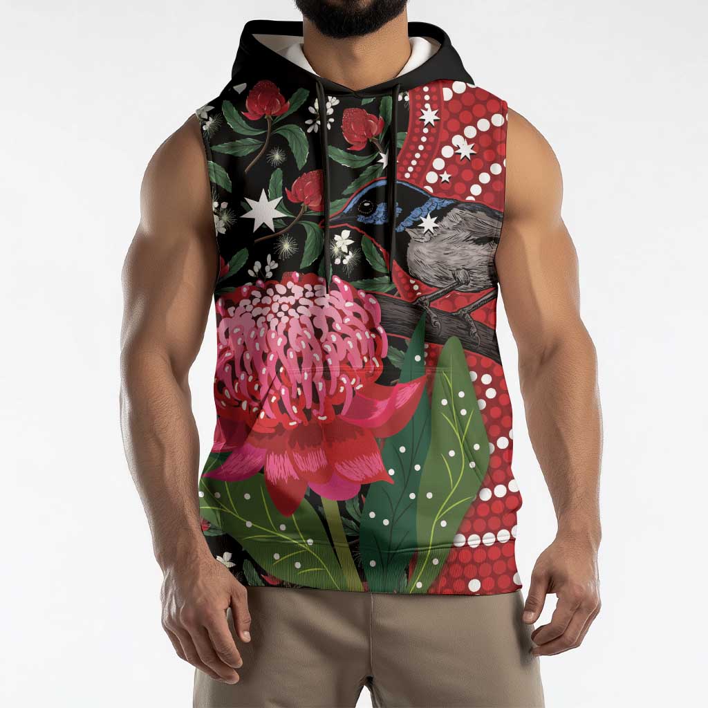 Personalised Australia Waratah And Superb Fairywren Sleeveless Hoodie Aboriginal Art - Aussie Hoodie