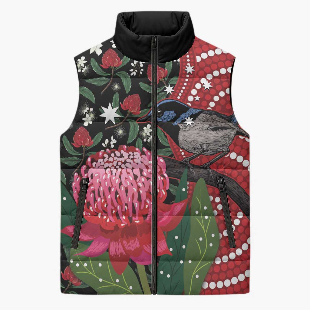 Personalised Australia Waratah And Superb Fairywren Sleeveless Puffer Jacket Aboriginal Art - Aussie Hoodie