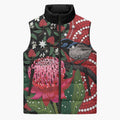 Personalised Australia Waratah And Superb Fairywren Sleeveless Puffer Jacket Aboriginal Art - Aussie Hoodie