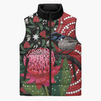 Personalised Australia Waratah And Superb Fairywren Sleeveless Puffer Jacket Aboriginal Art - Aussie Hoodie