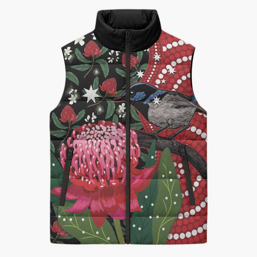 Personalised Australia Waratah And Superb Fairywren Sleeveless Puffer Jacket Aboriginal Art - Aussie Hoodie