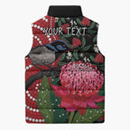 Personalised Australia Waratah And Superb Fairywren Sleeveless Puffer Jacket Aboriginal Art - Aussie Hoodie