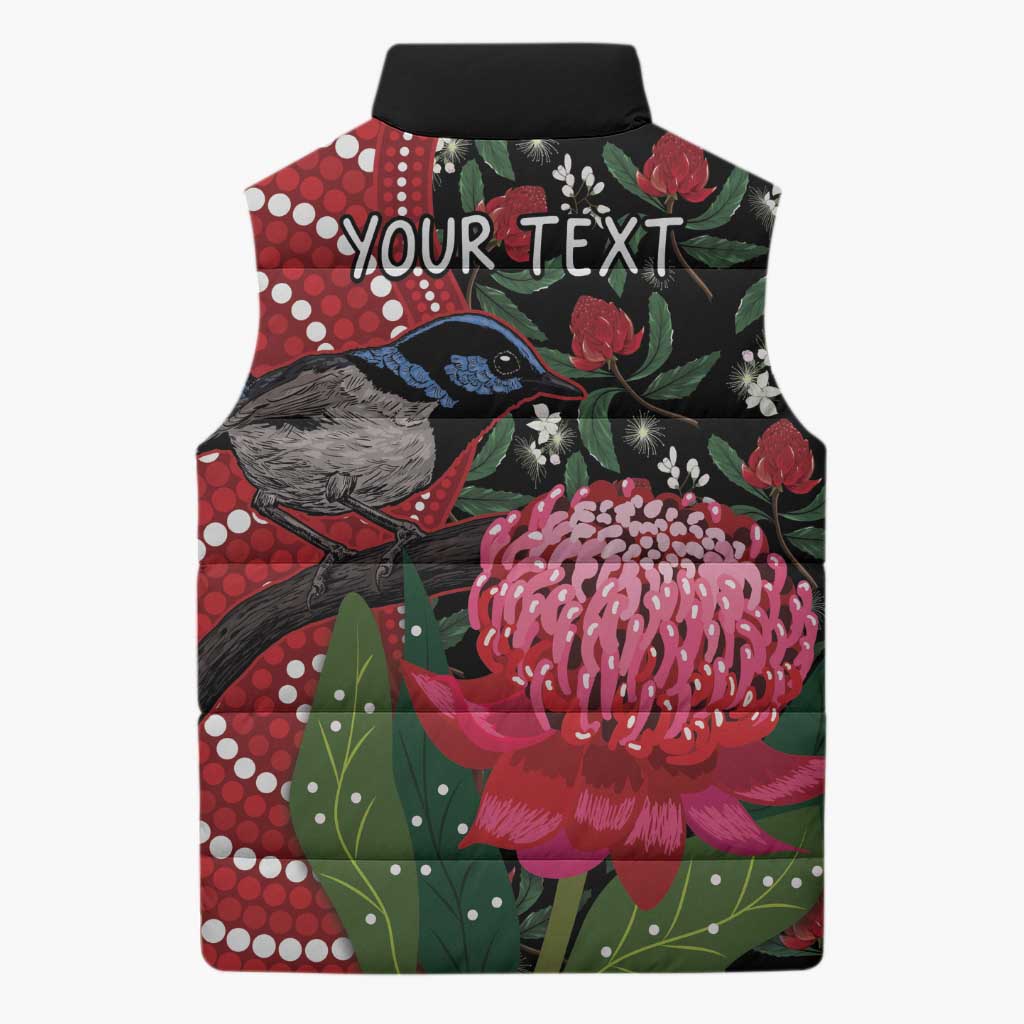 Personalised Australia Waratah And Superb Fairywren Sleeveless Puffer Jacket Aboriginal Art - Aussie Hoodie