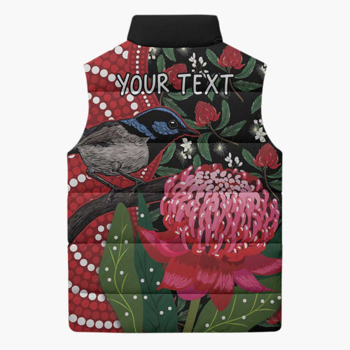 Personalised Australia Waratah And Superb Fairywren Sleeveless Puffer Jacket Aboriginal Art - Aussie Hoodie