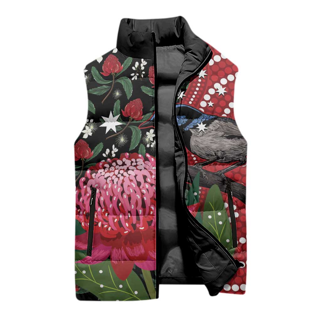 Personalised Australia Waratah And Superb Fairywren Sleeveless Puffer Jacket Aboriginal Art - Aussie Hoodie