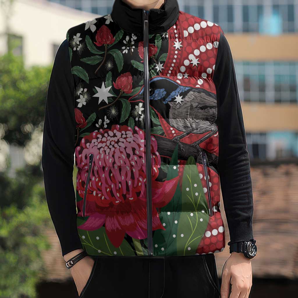 Personalised Australia Waratah And Superb Fairywren Sleeveless Puffer Jacket Aboriginal Art - Aussie Hoodie