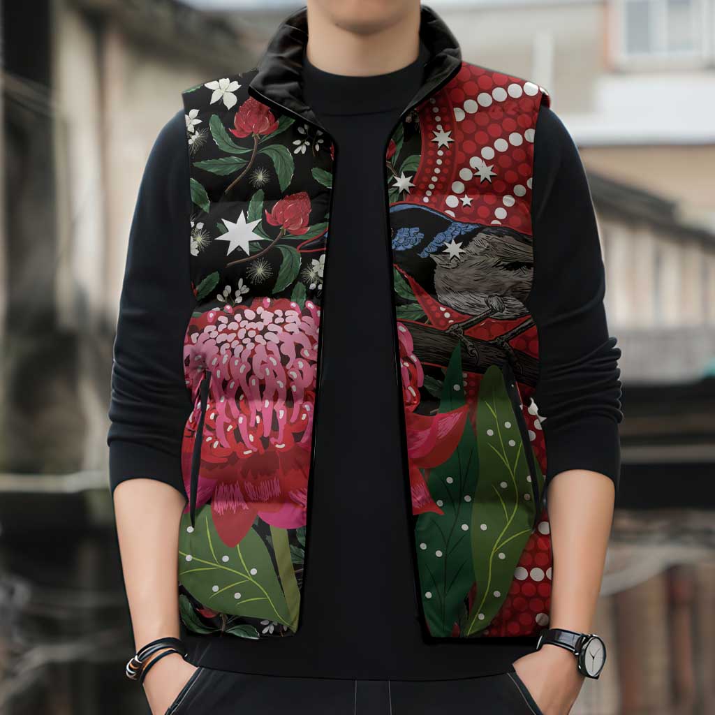 Personalised Australia Waratah And Superb Fairywren Sleeveless Puffer Jacket Aboriginal Art - Aussie Hoodie