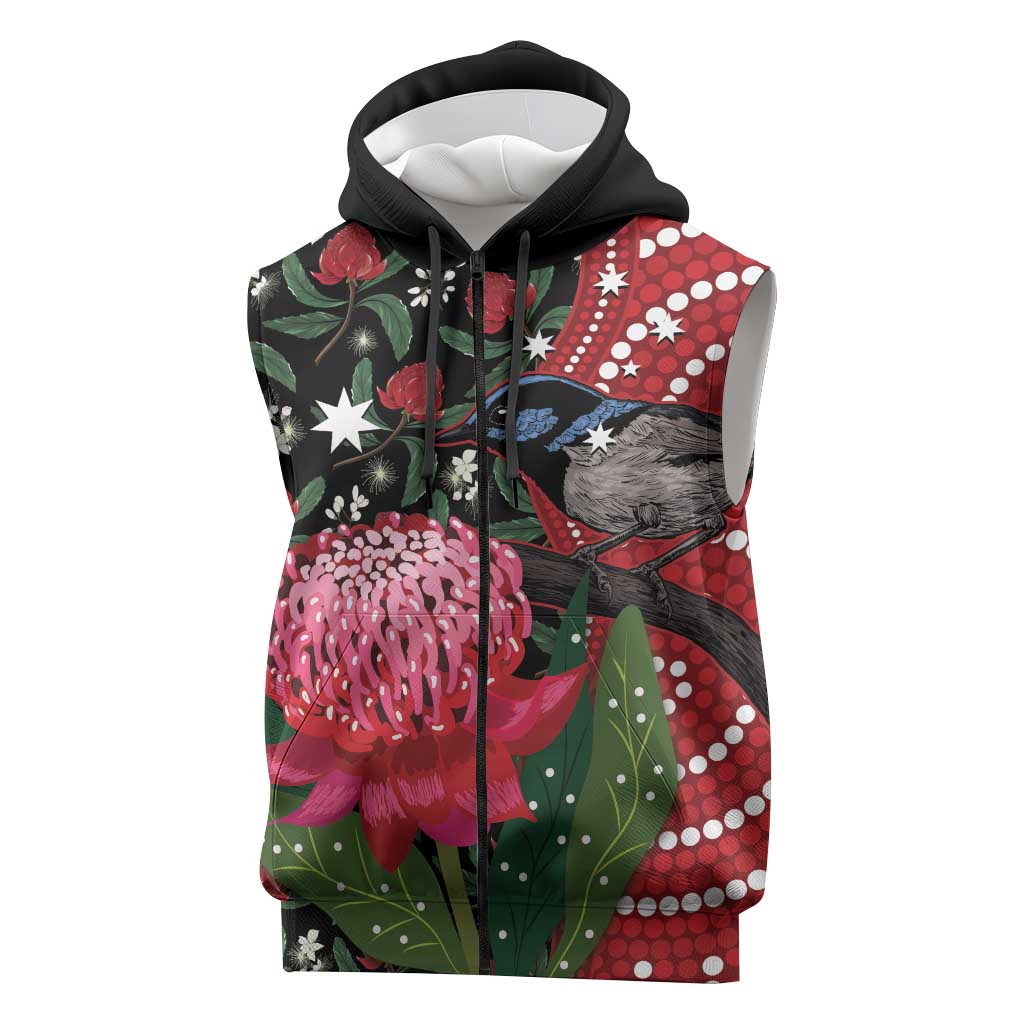 Personalised Australia Waratah And Superb Fairywren Sleeveless Zip Hoodie Aboriginal Art LT14