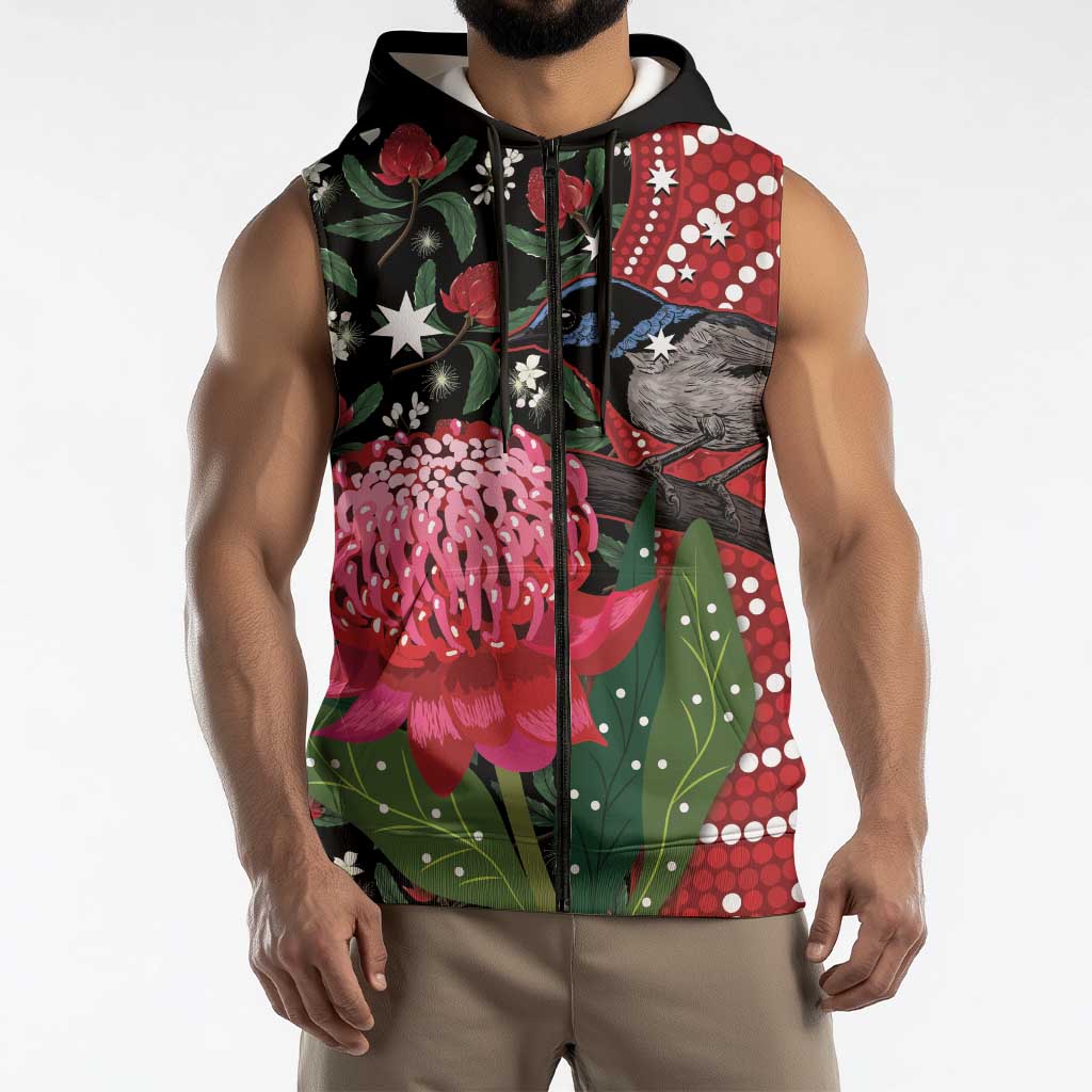 Personalised Australia Waratah And Superb Fairywren Sleeveless Zip Hoodie Aboriginal Art LT14