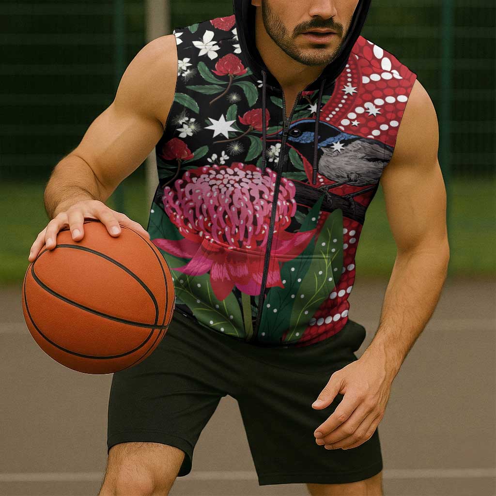Personalised Australia Waratah And Superb Fairywren Sleeveless Zip Hoodie Aboriginal Art LT14