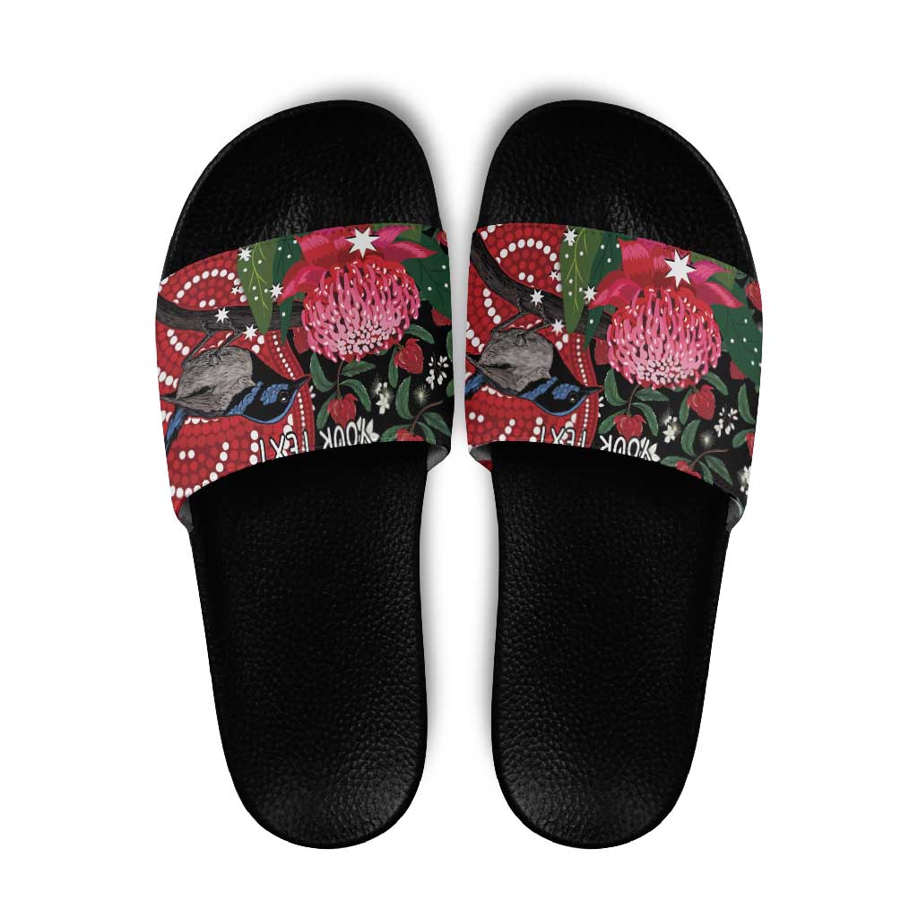 Personalised Australia Waratah And Superb Fairywren Slide Sandals Aboriginal Art - Aussie Hoodie