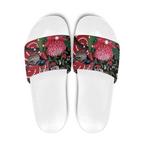 Personalised Australia Waratah And Superb Fairywren Slide Sandals Aboriginal Art - Aussie Hoodie