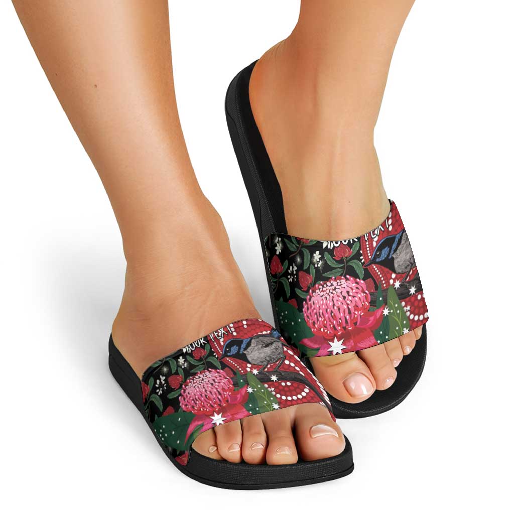 Personalised Australia Waratah And Superb Fairywren Slide Sandals Aboriginal Art - Aussie Hoodie