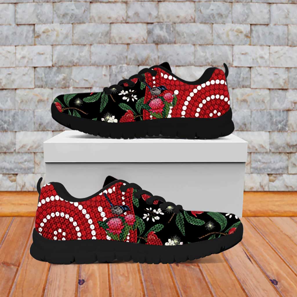 Personalised Australia Waratah With Superb Fairywren Sneakers Aboriginal Art