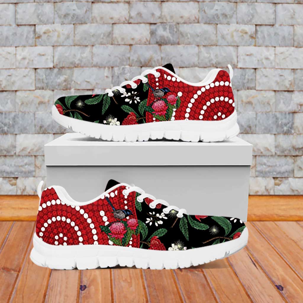 Personalised Australia Waratah With Superb Fairywren Sneakers Aboriginal Art