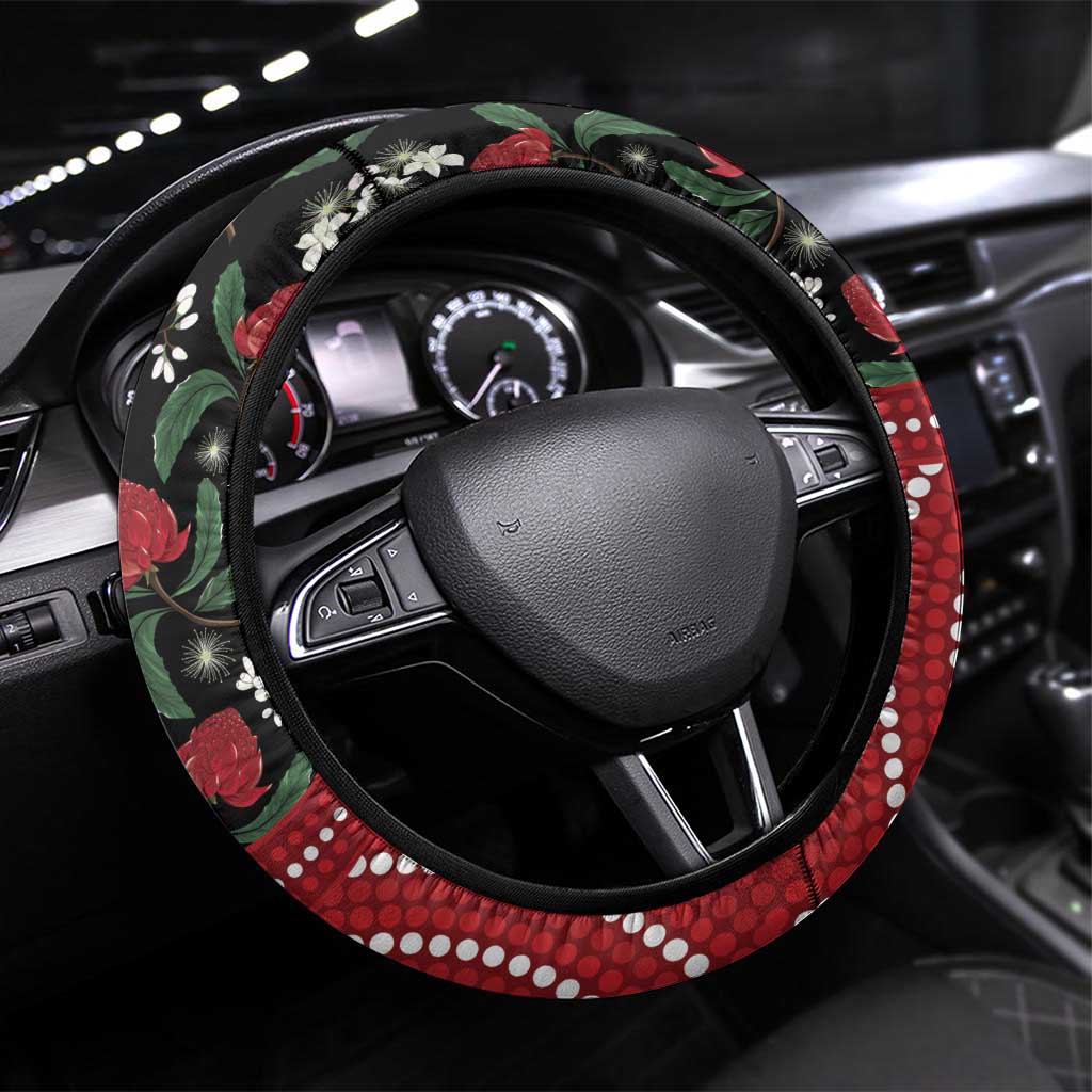 Australia Waratah And Superb Fairywren Steering Wheel Cover Aboriginal Art