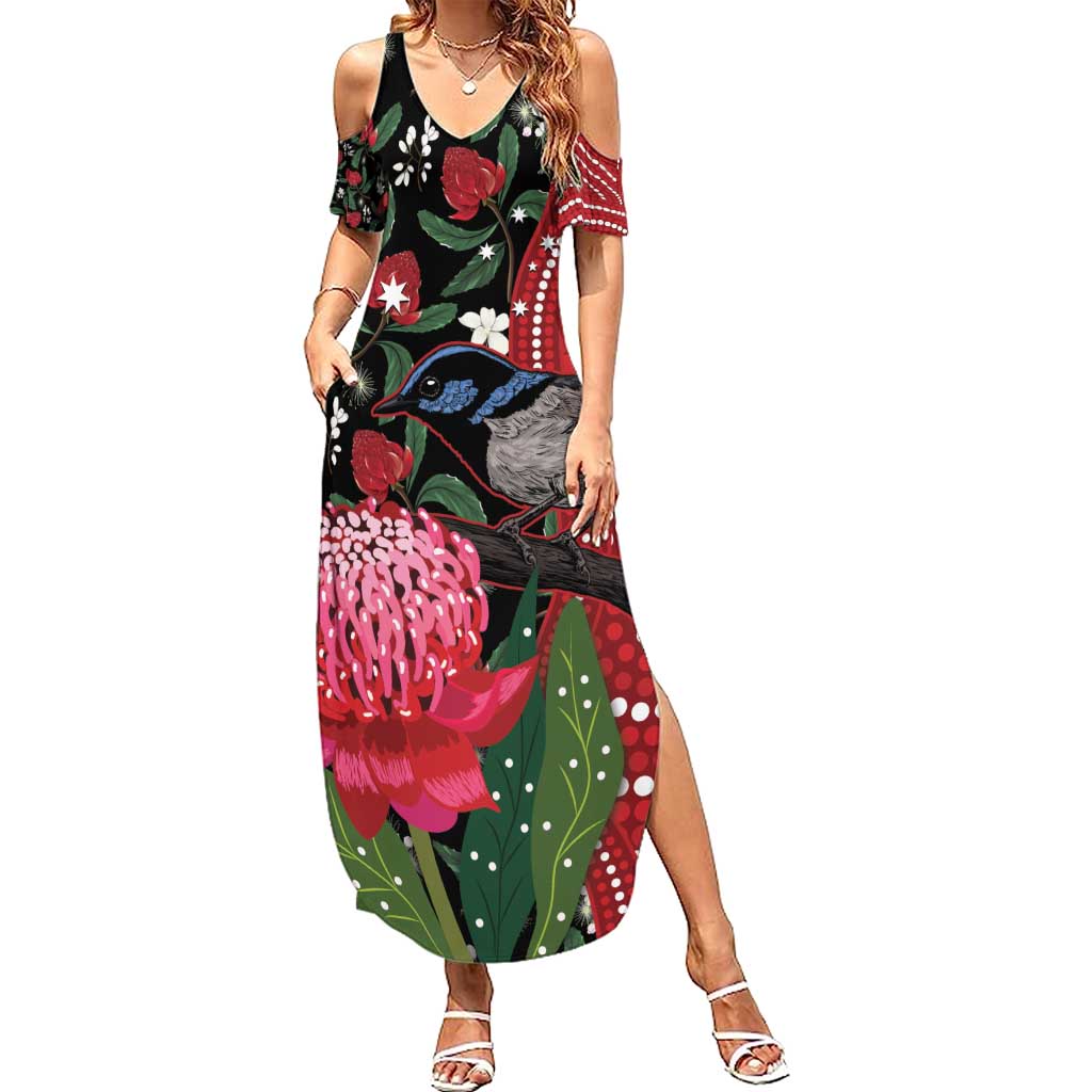 Personalised Australia Waratah And Superb Fairywren Summer Maxi Dress Aboriginal Art