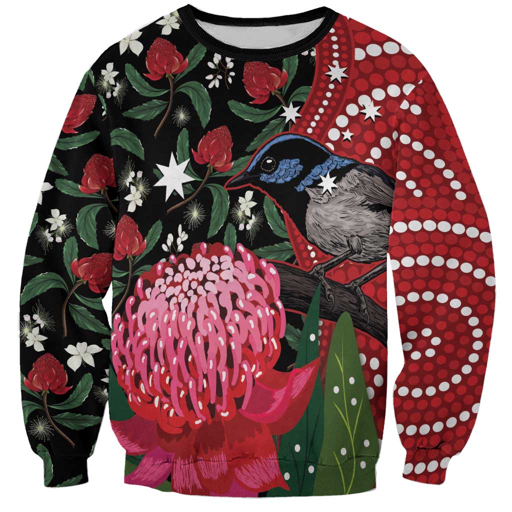 Personalised Australia Waratah And Superb Fairywren Sweatshirt Aboriginal Art