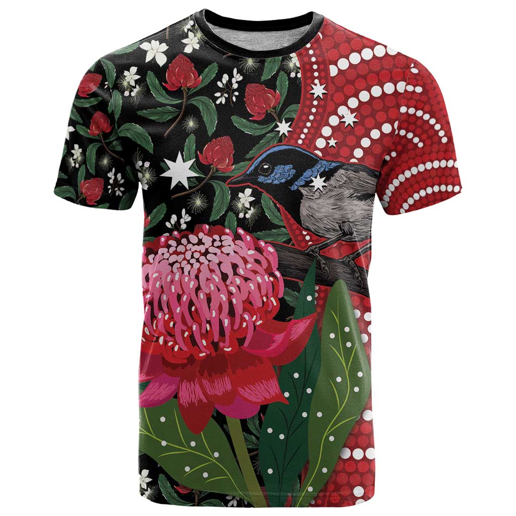 Personalised Australia Waratah And Superb Fairywren T Shirt Aboriginal Art