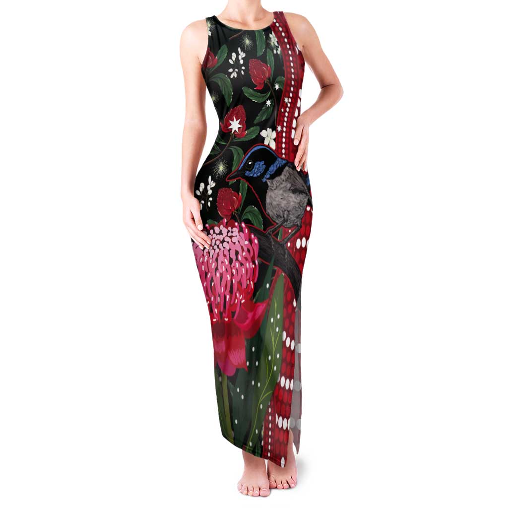 Personalised Australia Waratah And Superb Fairywren Tank Maxi Dress Aboriginal Art