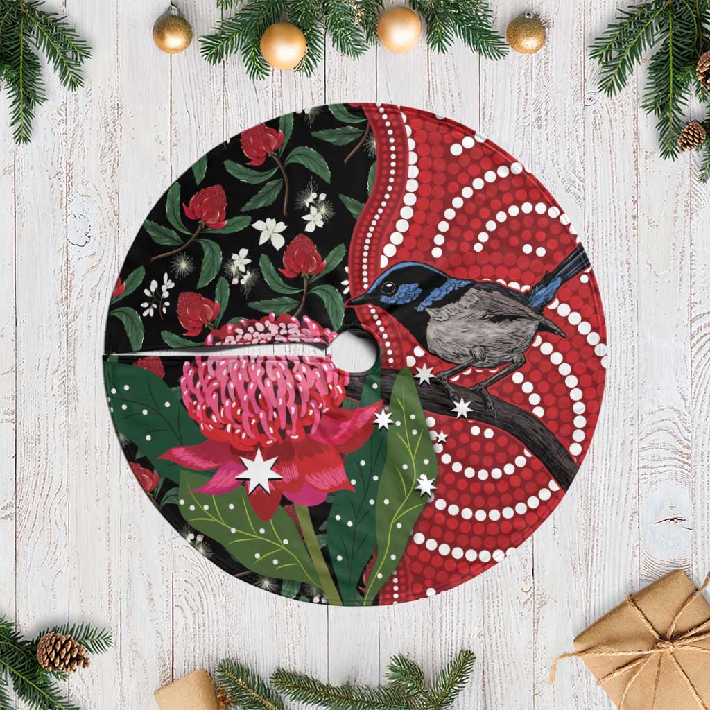 Australia Waratah And Superb Fairywren Tree Skirt Aboriginal Art - Aussie Hoodie
