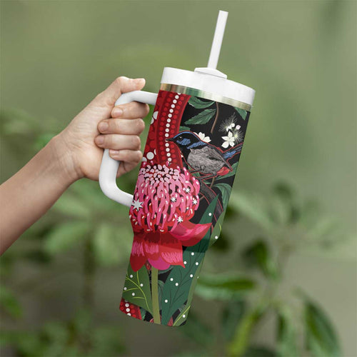 Personalised Australia Waratah With Superb Fairywren Tumbler With Handle Aboriginal Art