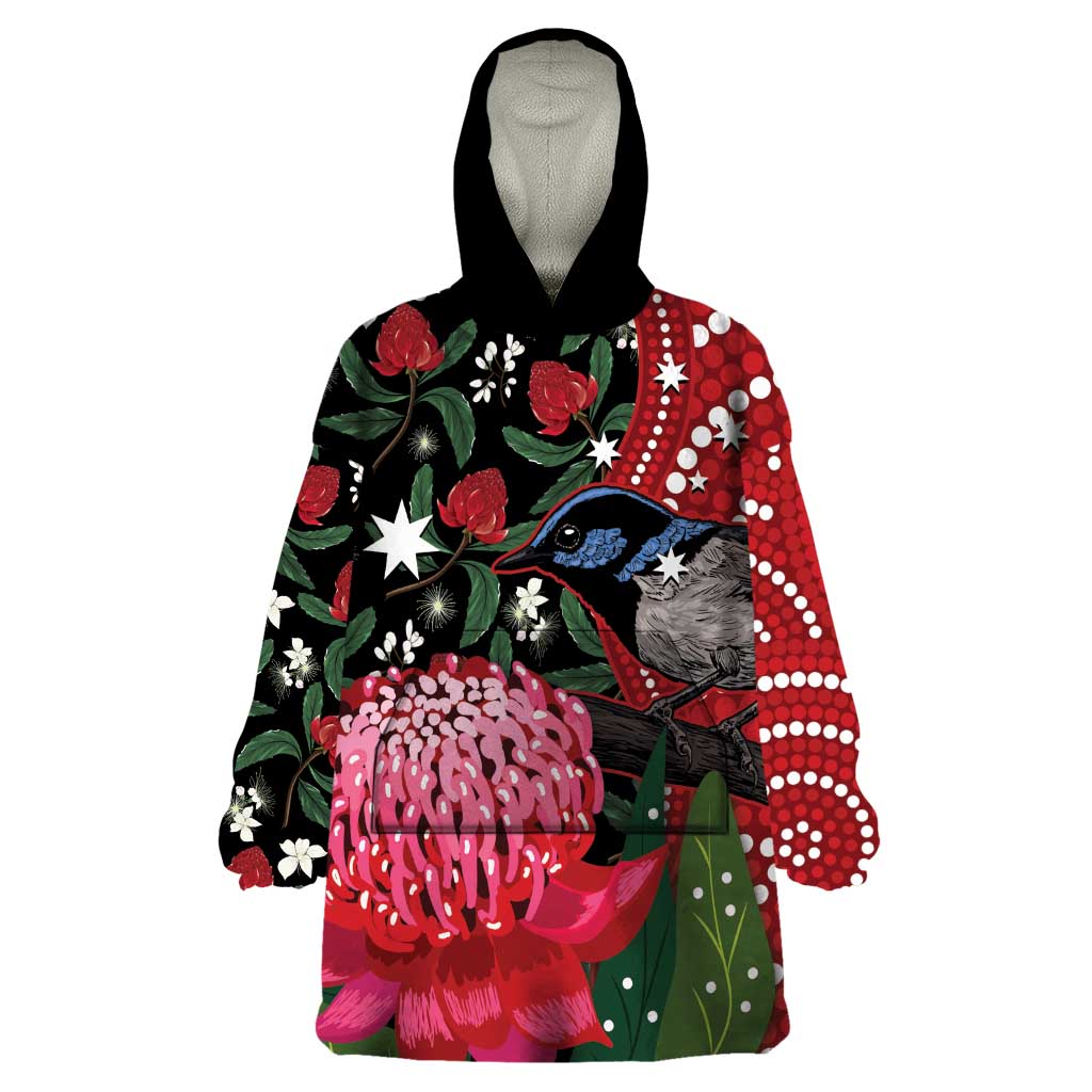 Personalised Australia Waratah And Superb Fairywren Wearable Blanket Hoodie Aboriginal Art
