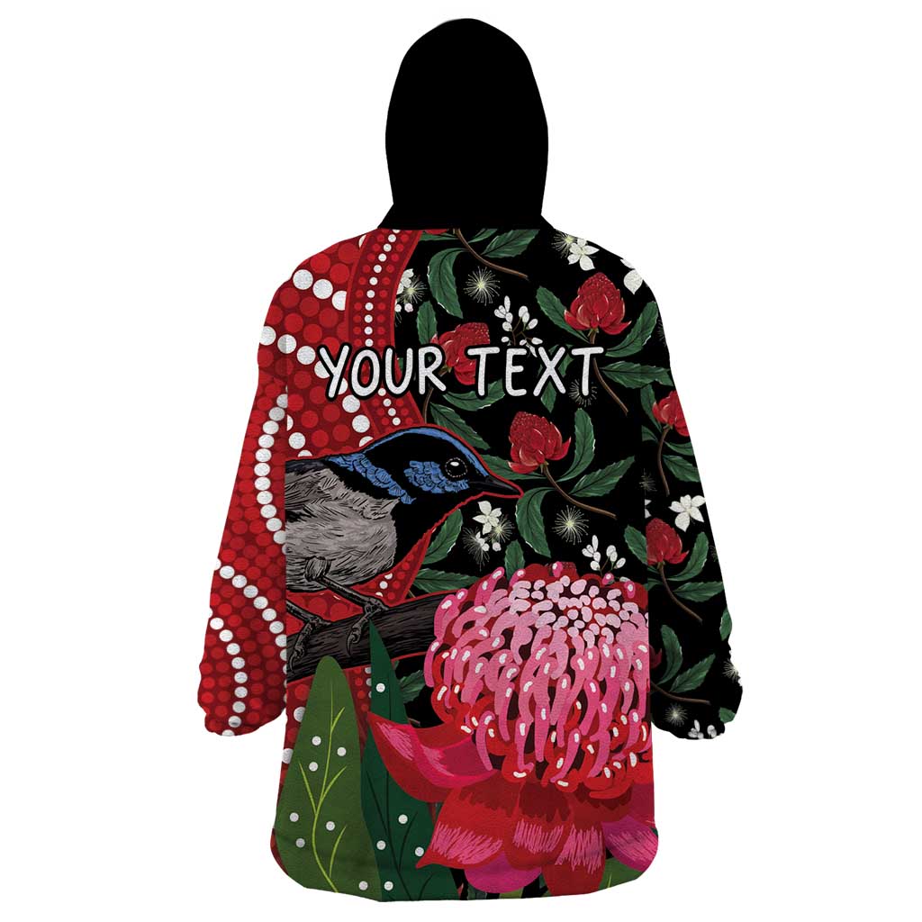 Personalised Australia Waratah And Superb Fairywren Wearable Blanket Hoodie Aboriginal Art