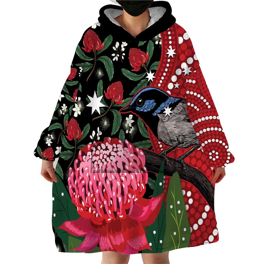 Personalised Australia Waratah And Superb Fairywren Wearable Blanket Hoodie Aboriginal Art