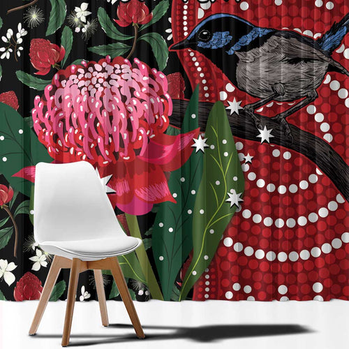 Personalised Australia Waratah And Superb Fairywren Window Curtain Aboriginal Art