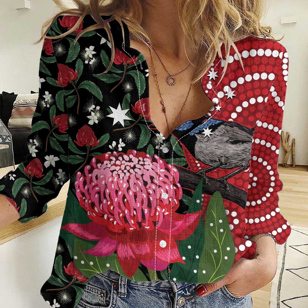 Personalised Australia Waratah And Superb Fairywren Women Casual Shirt Aboriginal Art