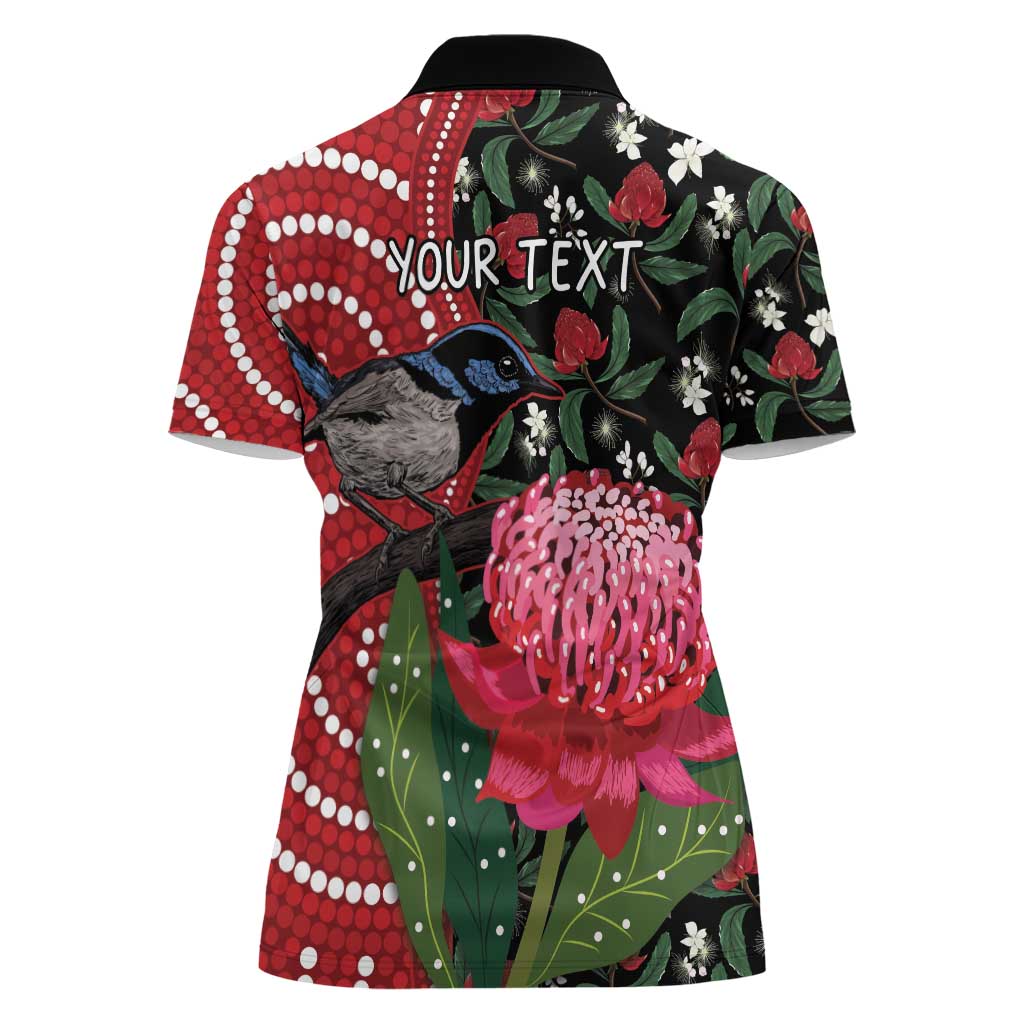 Personalised Australia Waratah And Superb Fairywren Women Polo Shirt Aboriginal Art