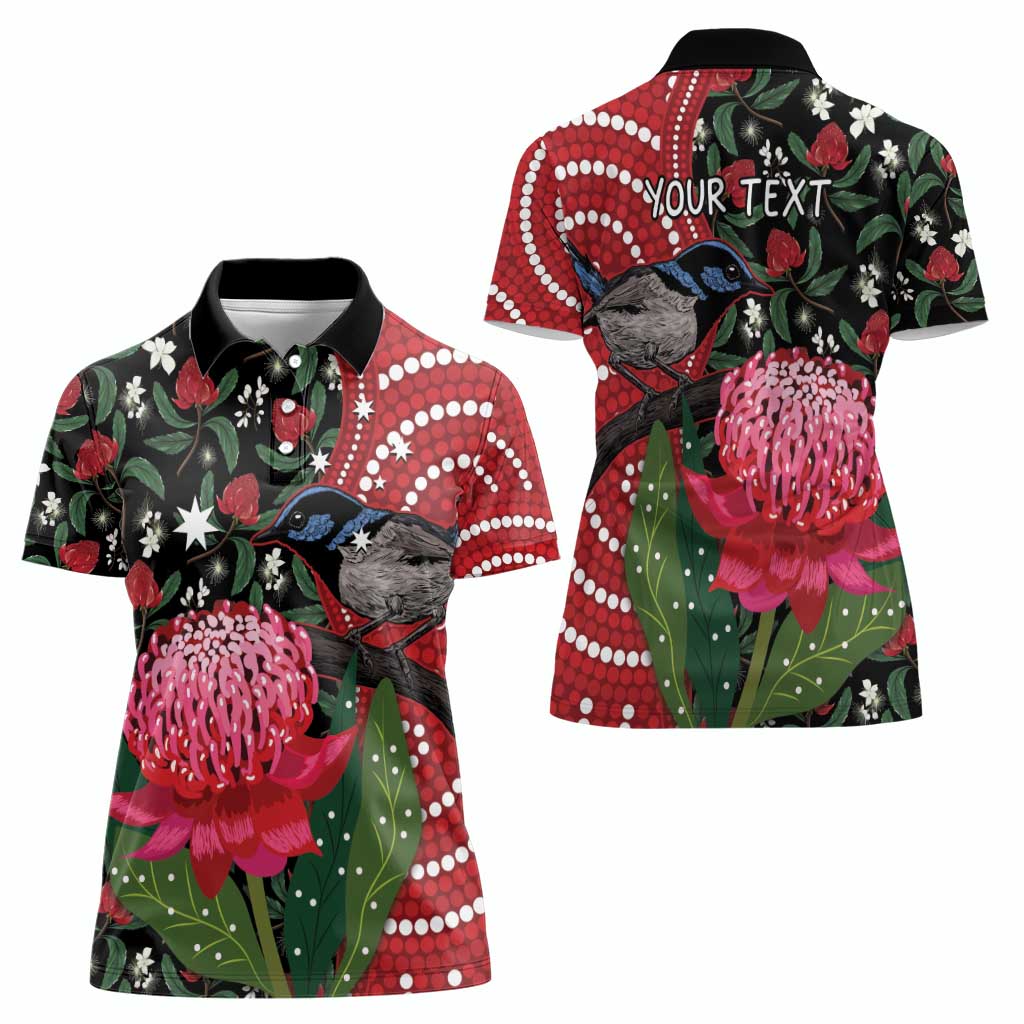 Personalised Australia Waratah And Superb Fairywren Women Polo Shirt Aboriginal Art