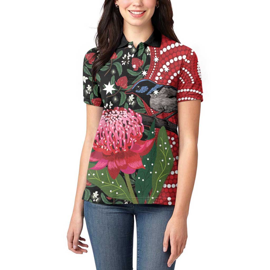 Personalised Australia Waratah And Superb Fairywren Women Polo Shirt Aboriginal Art