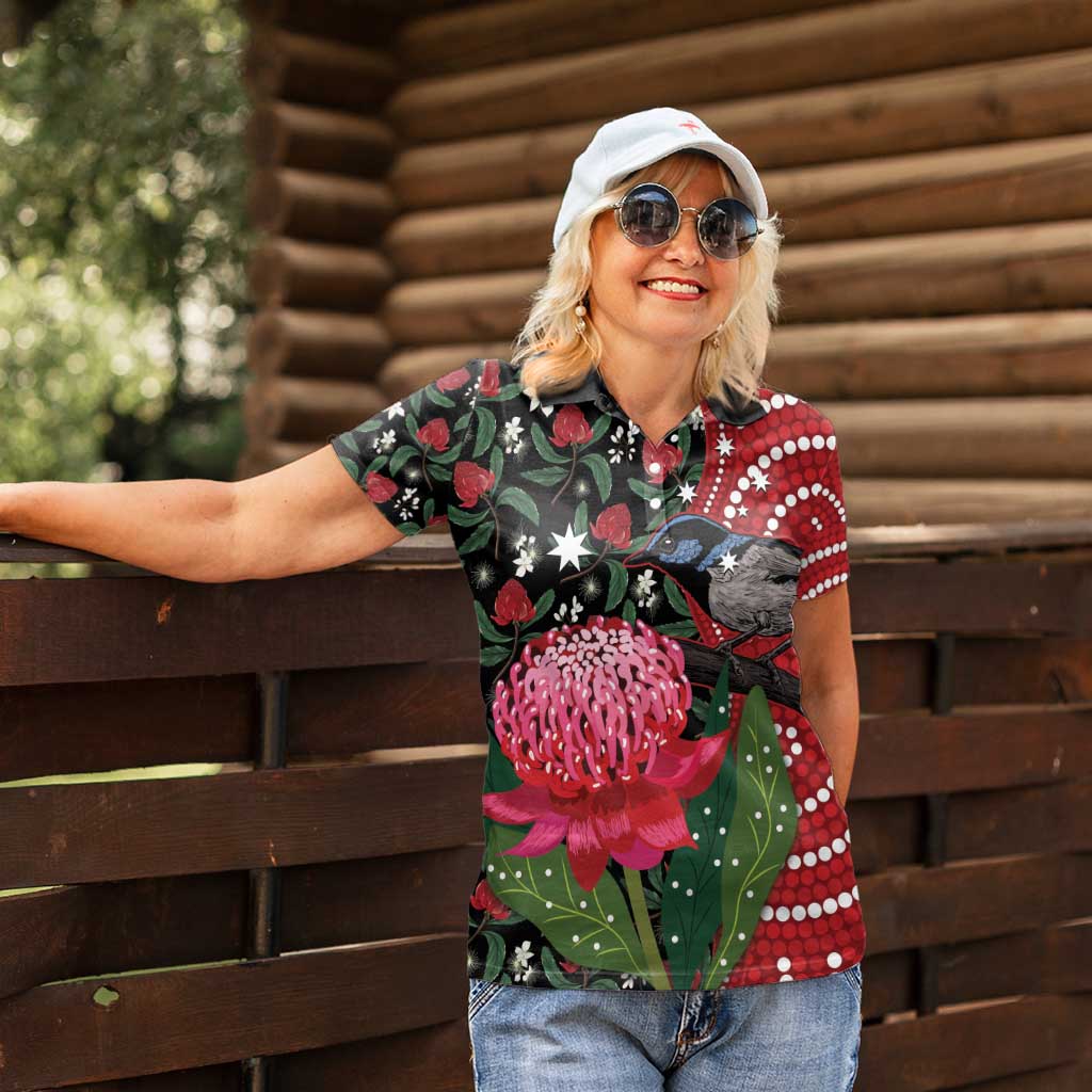 Personalised Australia Waratah And Superb Fairywren Women Polo Shirt Aboriginal Art