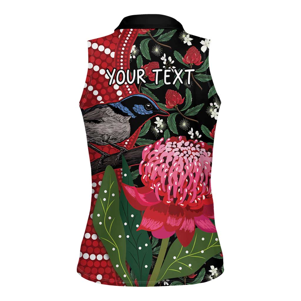 Personalised Australia Waratah And Superb Fairywren Women Sleeveless Polo Shirt Aboriginal Art