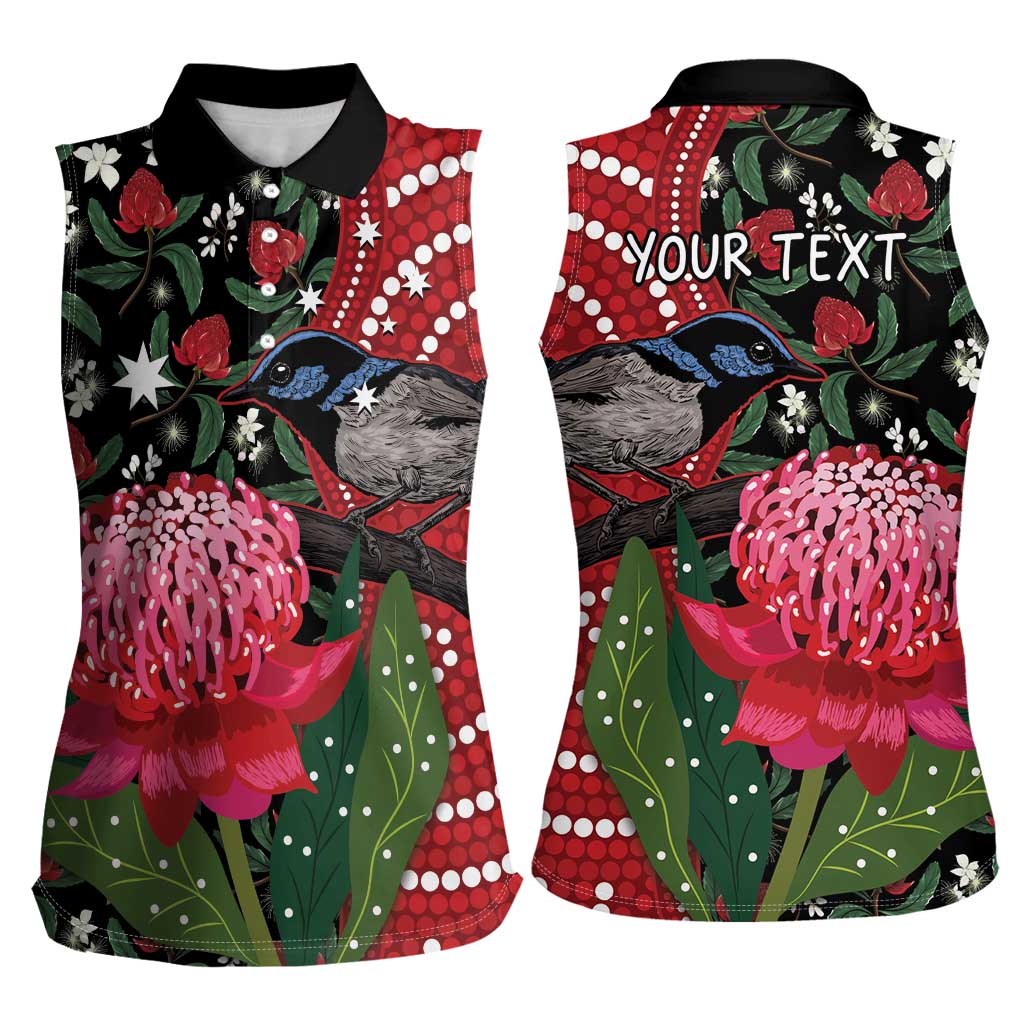 Personalised Australia Waratah And Superb Fairywren Women Sleeveless Polo Shirt Aboriginal Art