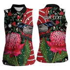 Personalised Australia Waratah And Superb Fairywren Women Sleeveless Polo Shirt Aboriginal Art
